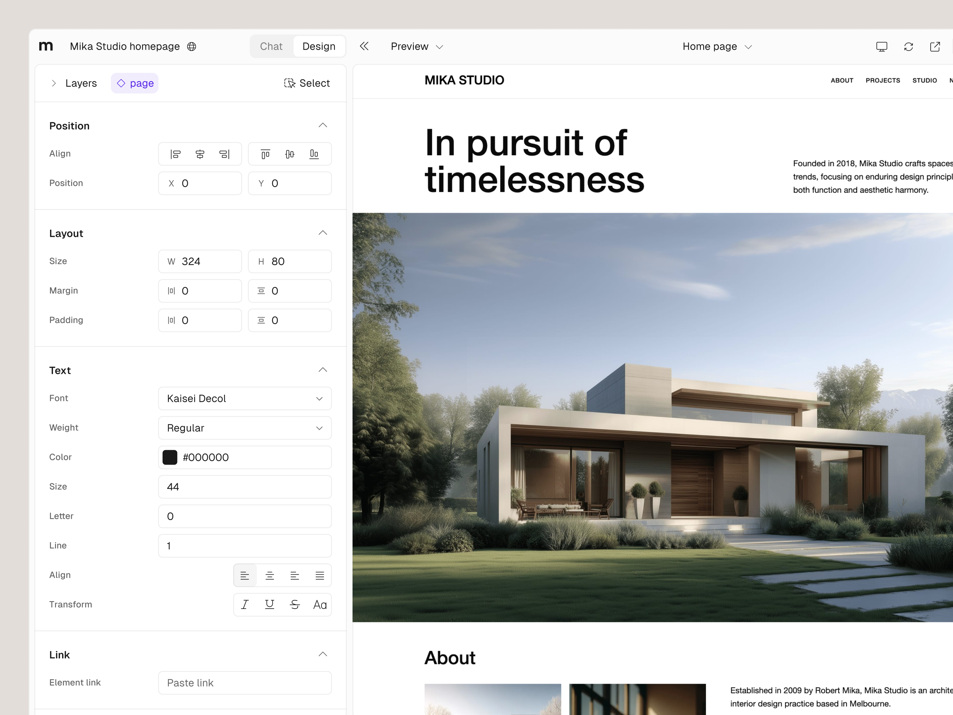 Maker AI, editor with design panel