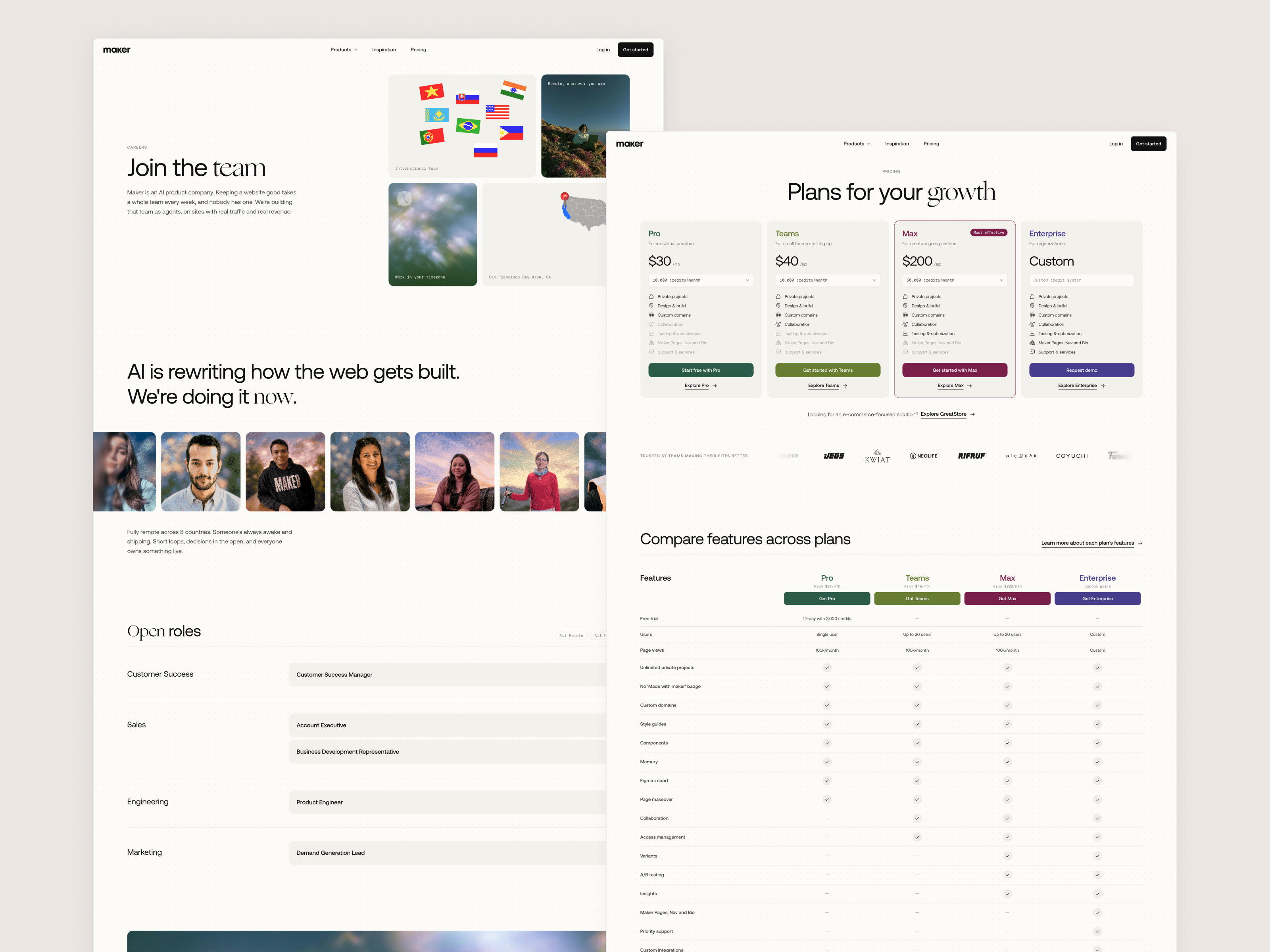 Maker website, page designs